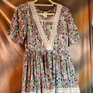 Vintage twirly handmade dress. Full skirt. Strips‎ and blocks 36” chest 403